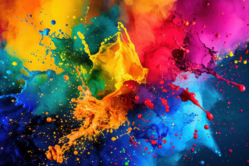 A colorful explosion of paint splatters on a canvas - obrazy, fototapety, plakaty