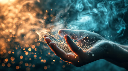 A hand releases a cascade of sparkling glitter, accompanied by mystical smoke, evoking a sense of magic and wonder in a dreamy atmosphere.
