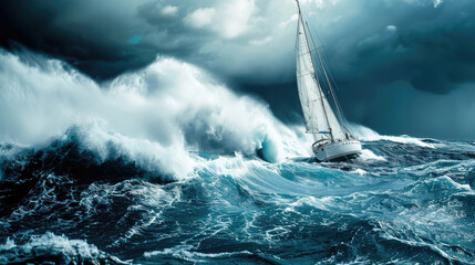 A lone yacht bravely navigating through a stormy sea