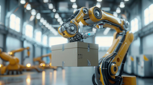 A robot is lifting a box in a factory