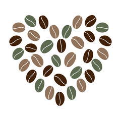Multicolored coffee beans in heart shape in trendy brown and green. Greetings or card design concept