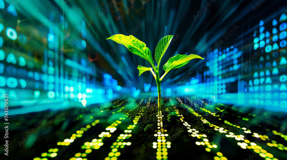 Poster plant growing from digital ai network . ecology and environment concept.ai generative