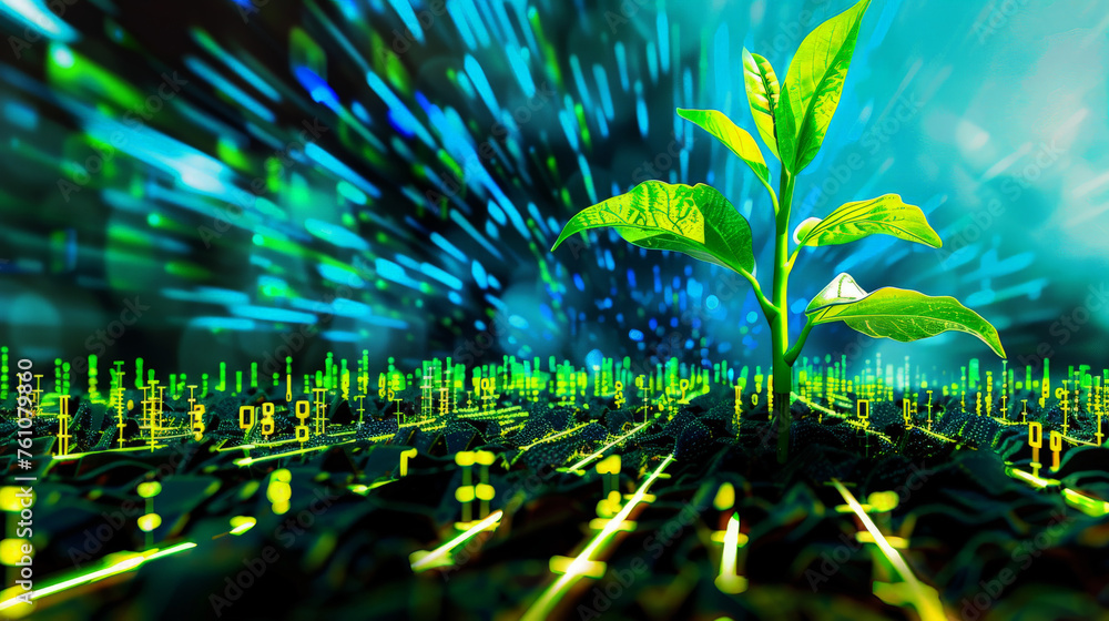 Poster plant growing from digital ai network . ecology and environment concept.ai generative