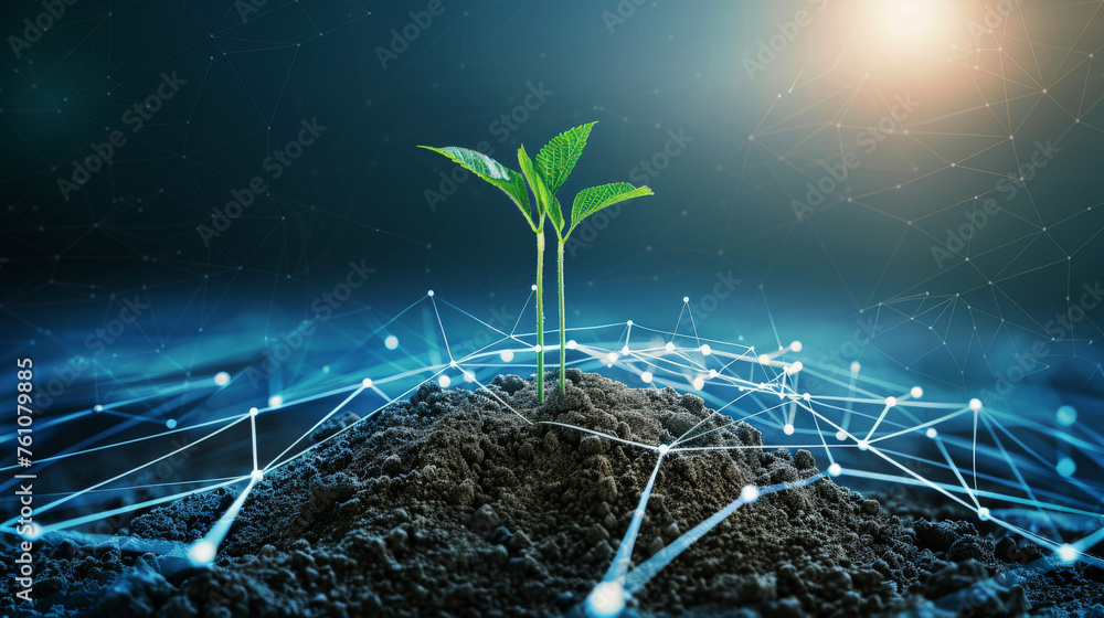 Poster plant growing from digital ai network . ecology and environment concept.ai generative