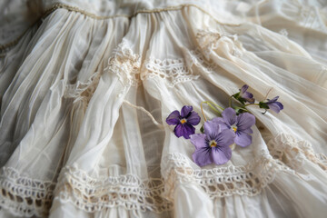 A small bouquet of violets pinned to a girl's skirt, evoking French nostalgia