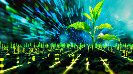 Plant growing from digital AI network . Ecology and environment concept.ai generative