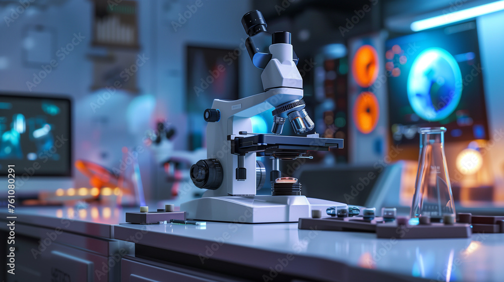 Poster modern microscope on table in laboratory