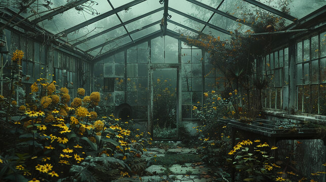 An abandoned, overgrown greenhouse, filled with mutated plants, hinting at a world where nature has taken over Photography, with a moody, overcast atmosphere