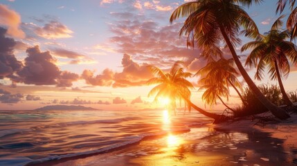 Beach with coconut trees at sunset - obrazy, fototapety, plakaty
