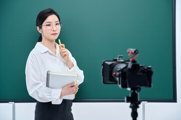 A young female instructor is wearing a suit and giving a lecture in front of the camera pointing at the blackboard.