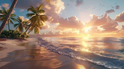 Beach with coconut trees at sunset - obrazy, fototapety, plakaty