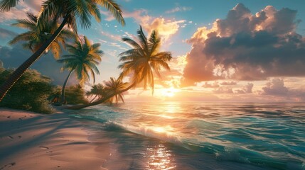 Fototapeta na wymiar Beach with coconut trees at sunset