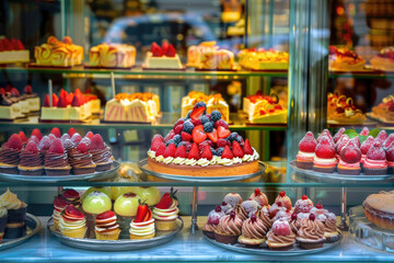 Fototapeta na wymiar Facade windows of a pastry shop displaying delicious treats
