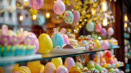 A festive Easter-themed bakery storefront window display