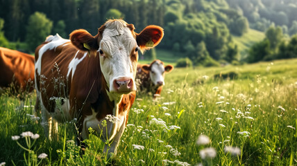 Inquisitive brown and white cows graze peacefully among wildflowers in a sunlit, verdant meadow with a forested hill in the background.

