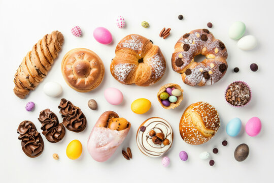 Easter bakery treats arranged beautifully on a white background