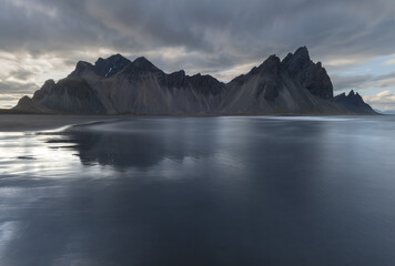 Long exposure photograph of a famous Vestrahorn mountain during sunset at Stokksnes in Hofn, east Iceland