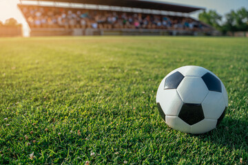 Soccer ball on green grass stands with fans in the background