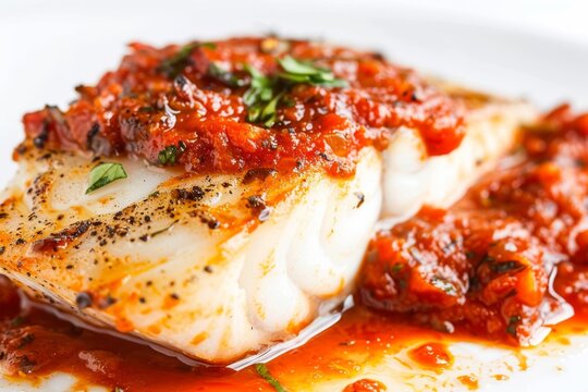 A delicious baked halibut steak with red sauce on a white background