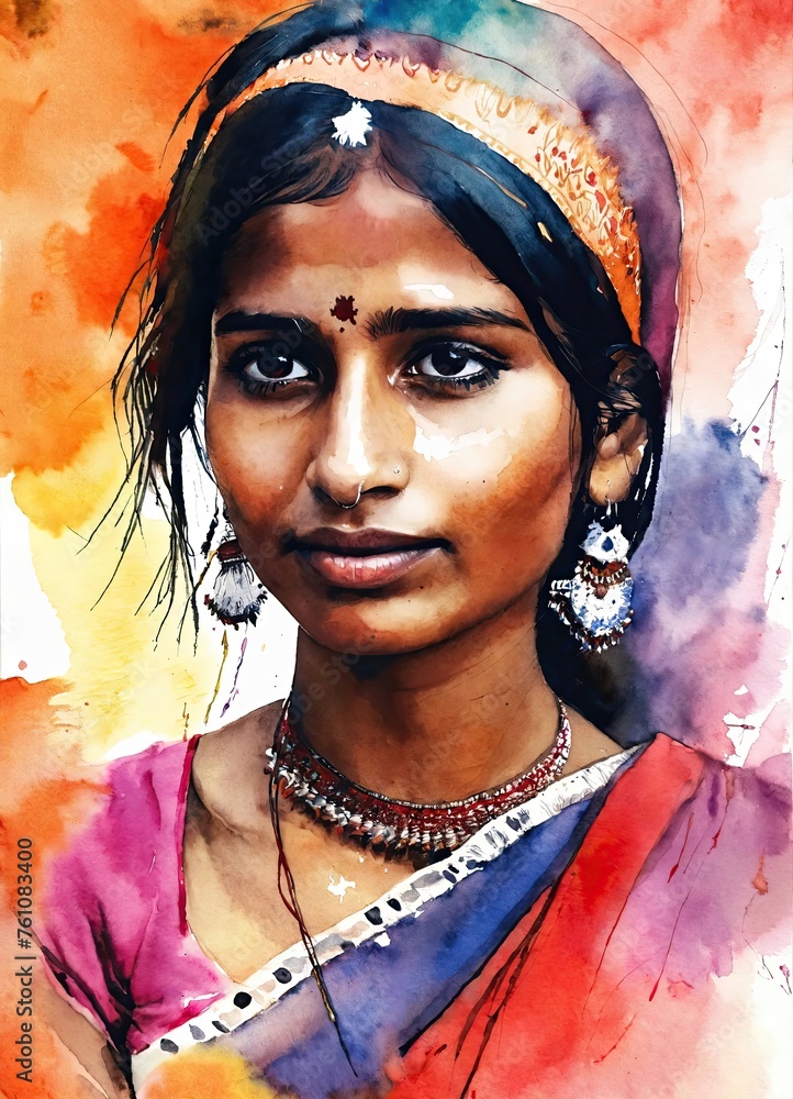 Poster Portrait of young indian woman in watercolor style