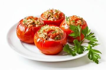 A studio shot of a plate of stuffed tomatoes on a white background