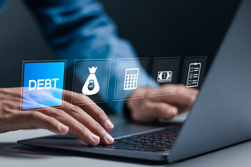 Debt concept. Financial crises and problems, risk management, debt exemption, loans. Businessman...