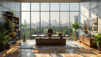Modern office room with glass wall, wooden floor, table and chair. Created with Ai