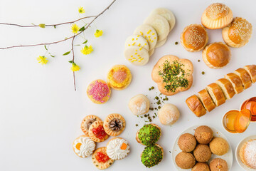 Nowruz bakery treats arranged neatly on a white background