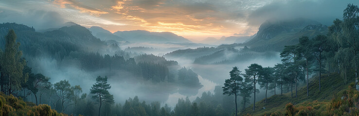 Sunrise in the mountains with heavy fog. Created with  Ai - obrazy, fototapety, plakaty