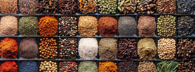 Diversity od spicesstraight frontal photo of a big wall with densely packed 50 different large and differet colors spices