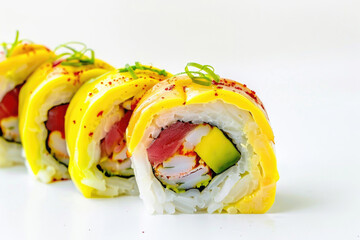 A visually stunning fish roll made with layers of red and white fish