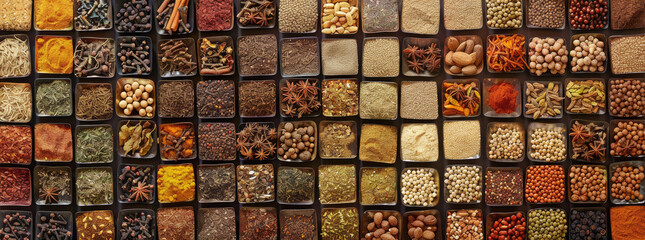 Diversity od spicesstraight frontal photo of a big wall with densely packed 50 different large and differet colors spices - obrazy, fototapety, plakaty