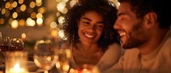 New couple welcomed at family dinner, table setting, close up, warm tones, side angle, joyful. - obrazy, fototapety, plakaty