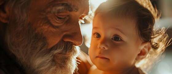 Grandparent meeting grandchild, close up, warm indoor light, tender look, eye-level, soft focus. - obrazy, fototapety, plakaty