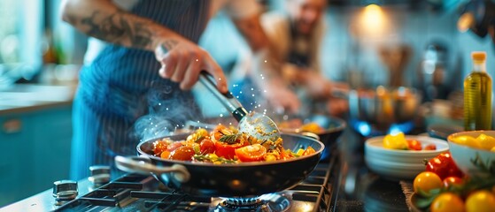 Obraz premium Family cooking together, kitchen, vibrant colors, close up, action shot, warm lighting.