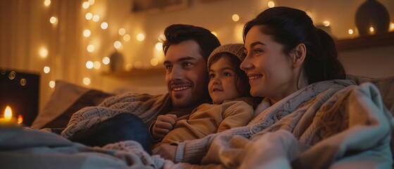 Cozy family movie night, living room, close up, dim lighting, side angle, blankets, shared joy.