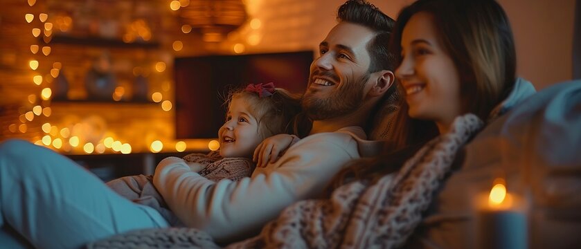 Cozy family movie night, living room, close up, dim lighting, side angle, blankets, shared joy. - Powered by Adobe