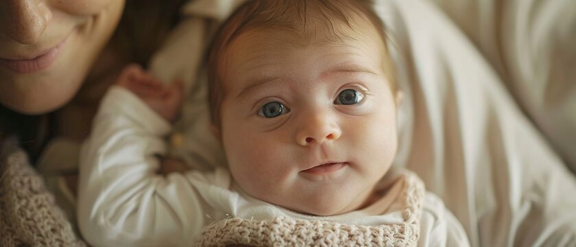 Close-up, newborn cradled by family, soft natural light, home setting, tender, eye-level view.