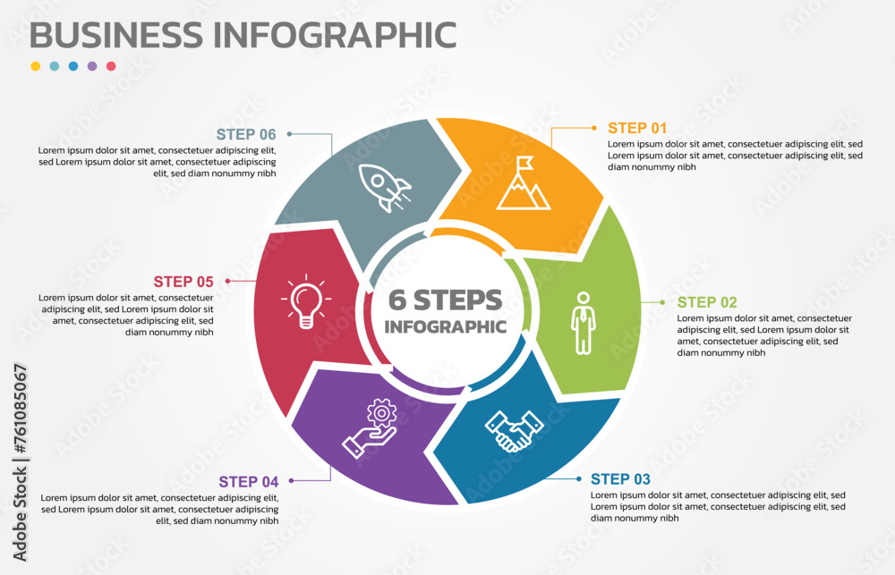 Poster Visual data presentation. Cycle diagram with 6 options. Pie Chart Circle infographic template with 6 steps, options, parts, segments. Business concept. Marketing infographic vector illustration. 