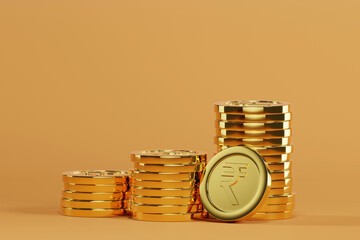 3D rendering stack Indian Rupee sign, indian rupee sign and golden coin, Financial and banking about house concept, Investment and financial success concept background.