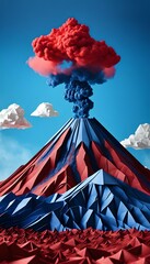 Red and Blue Mountain Emitting Cloud of Smoke. Generative AI