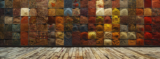 Diversity od spicesstraight frontal photo of a big wall with densely packed 50 different large and differet colors spices - obrazy, fototapety, plakaty