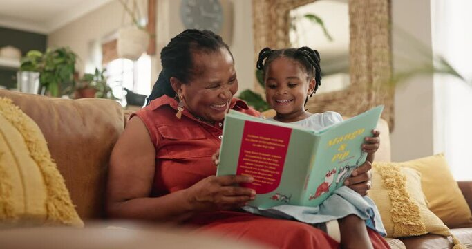 Grandmother, child and reading a book in living room, home and fiction for storytime on weekend. Black family, love and bonding on literature or literacy, joy and fairytale for education and language - Powered by Adobe