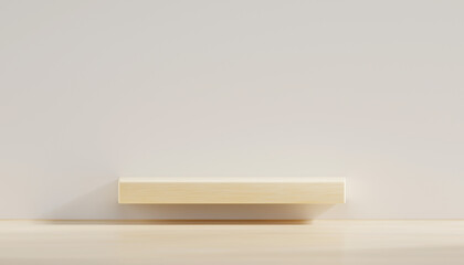 3D rendering minimal white backgound on wooden floor and wooden table for product presentation.