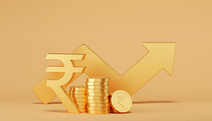 3D rendering Indian Rupee sign, Indian rupee sign and golden coin with arrow pointing upwards background, Financial and banking about house concept. - 761085256