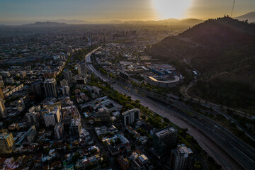 Beautiful aerial view of the Plaza de Armas, Metropolitan Cathedral of Santiago de Chile, National History Museum of Chile, Mopocho river t and the city of Santiago de  Chile