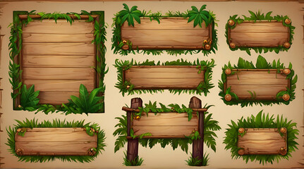 Set of jungle game UI elements - wood menu frame with green tropical leaves, round buttons and star rating level asset. Cartoon illustrator kit for adventure mobile game. generative.ai