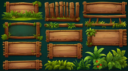 Set of jungle game UI elements - wood menu frame with green tropical leaves, round buttons and star rating level asset. Cartoon illustrator kit for adventure mobile game. generative.ai - obrazy, fototapety, plakaty