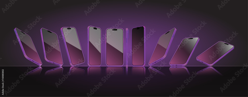 Poster purple smartphone mock-up in different angles collection. 3d perspective view violet mobile phone an