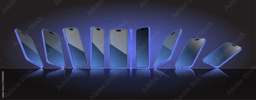 Poster blue smartphone mock-up in different angles collection. 3d perspective view mobile phone and cellpho